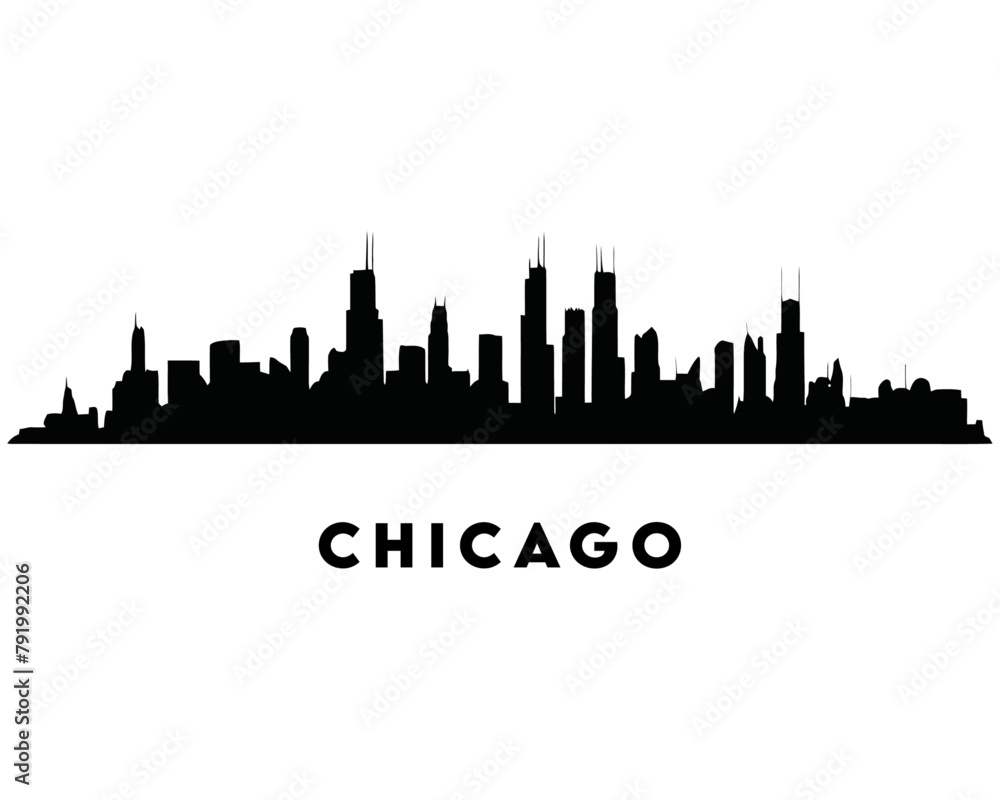 Naklejka premium Chicago city skyline silhouette background. Black and white silhouette of Chicago city, USA. Cityscape Vector