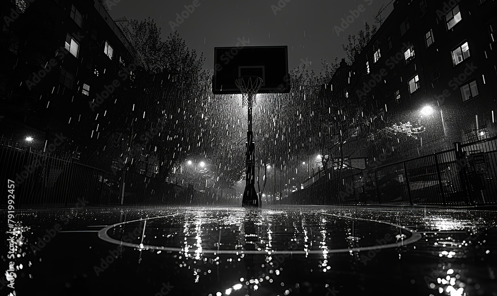 Basketball hoop in the rain at night.  - obrazy, fototapety, plakaty 