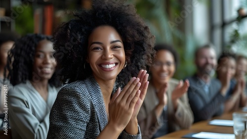 Diverse group clapping enthusiastically at table after successful meeting in conference room. Concept Success Celebration, Teamwork, Office Meeting, Workplace Collaboration, Diverse Group