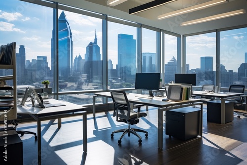 Heather Gray Open Office Space with Modern Furniture, Large Windows, and a View of the City Skyline During Daytime © aicandy
