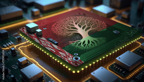 The Belarus flag depicted on a microchip integrated within an electronic board. Symbolizes technological progress and the creation of specialized chips to meet industrial demands