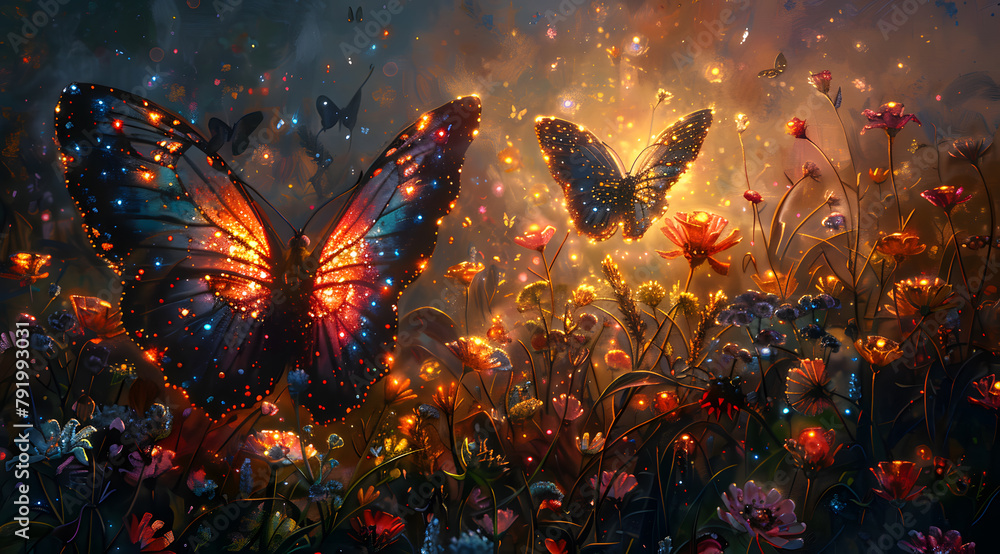 Futuristic Flutter: Oil Painting Depicts LED-Lit Mechanical Butterflies in Mystical Garden