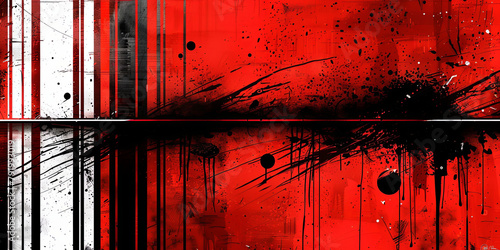A red and white background with black and red splatters