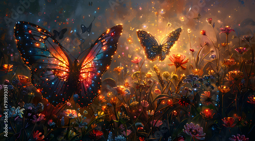 Futuristic Flutter: Oil Painting Depicts LED-Lit Mechanical Butterflies in Mystical Garden © Thien Vu