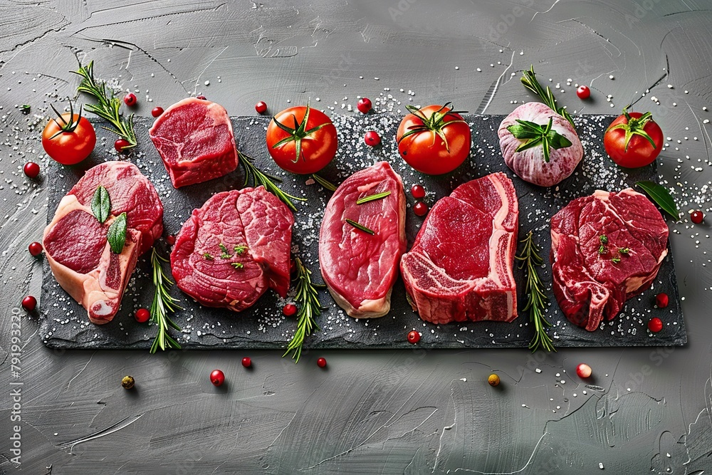 Top View of Various Raw Beef Steaks, Beautifully Arranged on a Gray Stone Slab, Adorned with Fresh Herbs and Spices