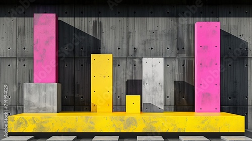   A yellow bench sits in front of a pink and yellow wall, adorned with a block of those same hues Nearby is a black-and-white checkered floor