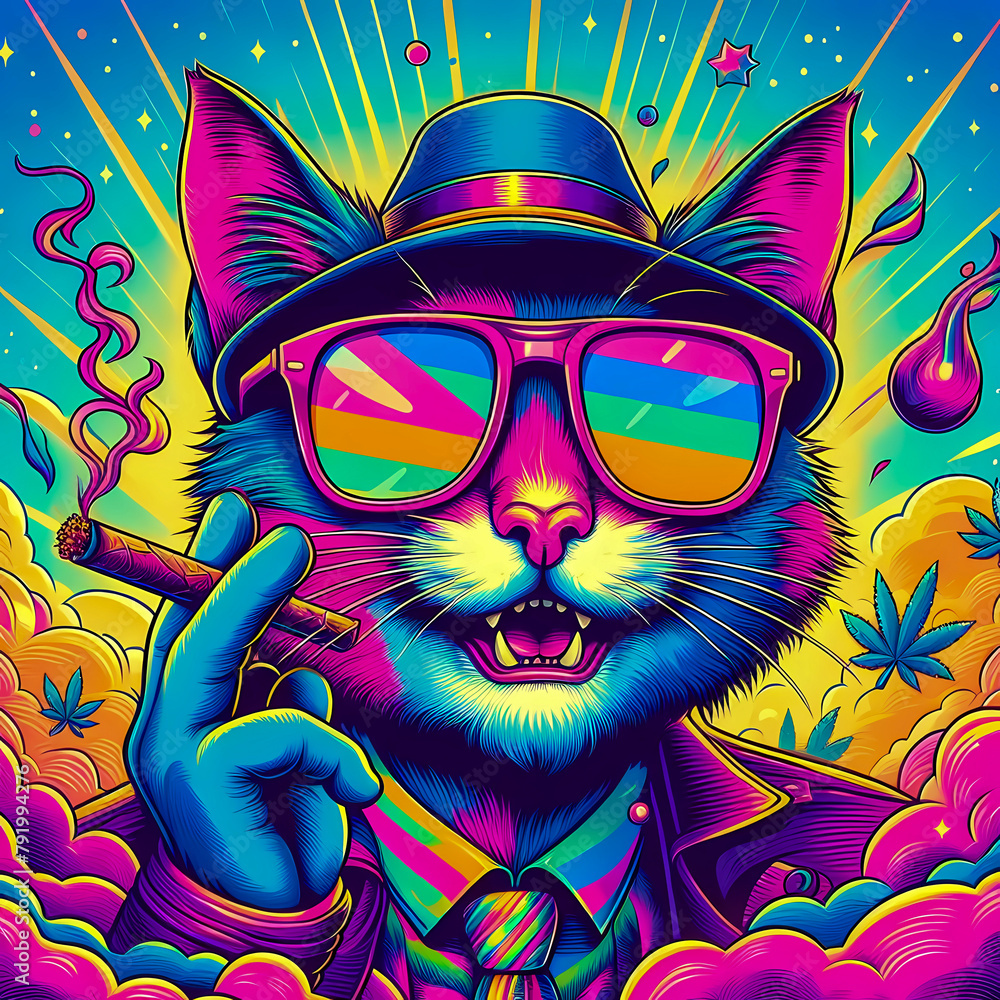 Digital art of a psychedelic cool cat with sunglasses smoking a blunt
