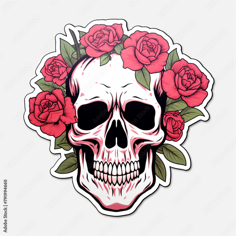 Fototapeta premium simple skull with roses sticker with white background сreated with Generative Ai