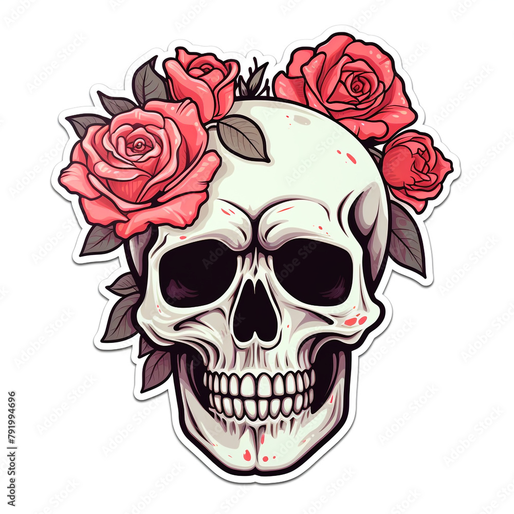 Fototapeta premium simple skull with roses sticker with white background сreated with Generative Ai