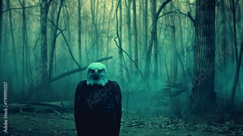   A bald eagle, situated in a forest, bears a green radiance on its face and crown photo