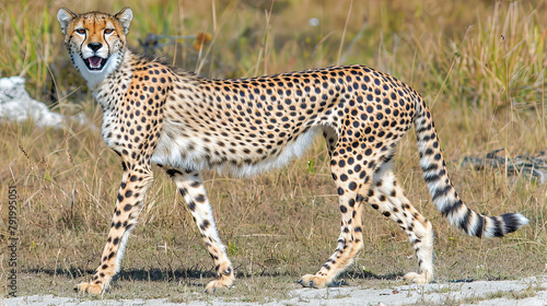 A cheetah is walking through a grassy field photo