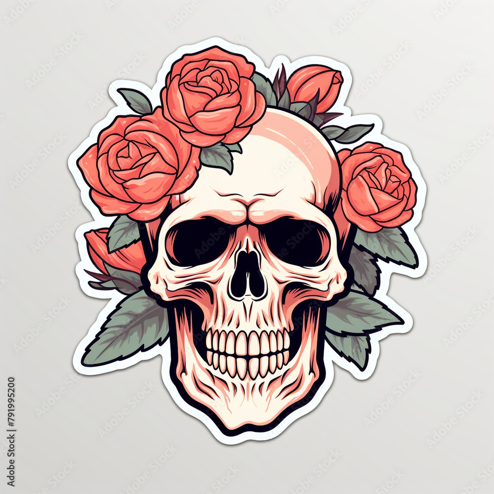 simple skull with roses sticker with white background сreated with Generative Ai simple skull with roses sticker with white background сreated with Generative Ai