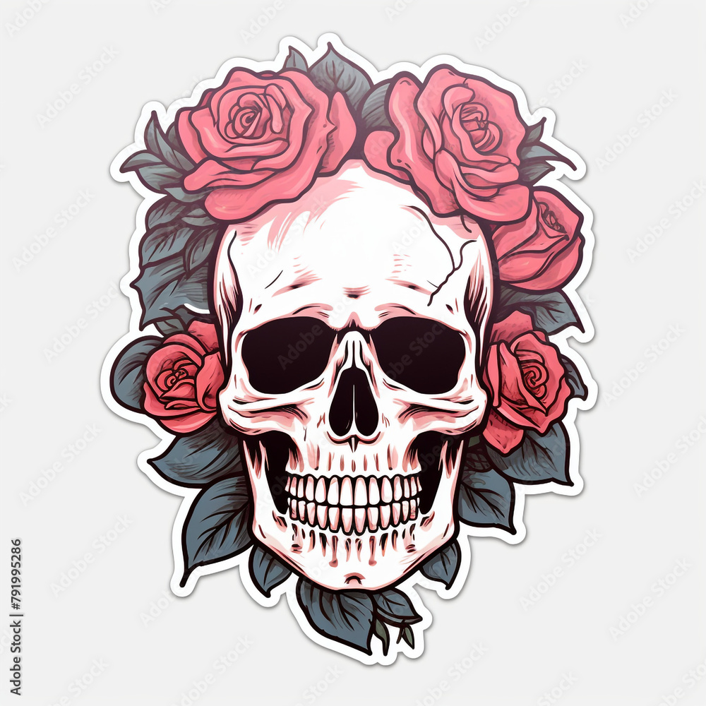 Fototapeta premium simple skull with roses sticker with white background сreated with Generative Ai
