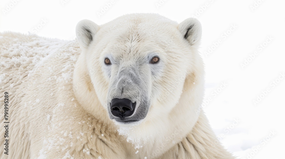bear's face speckled with snow, coat pristine white bear's face speckled with snow, coat pristine white