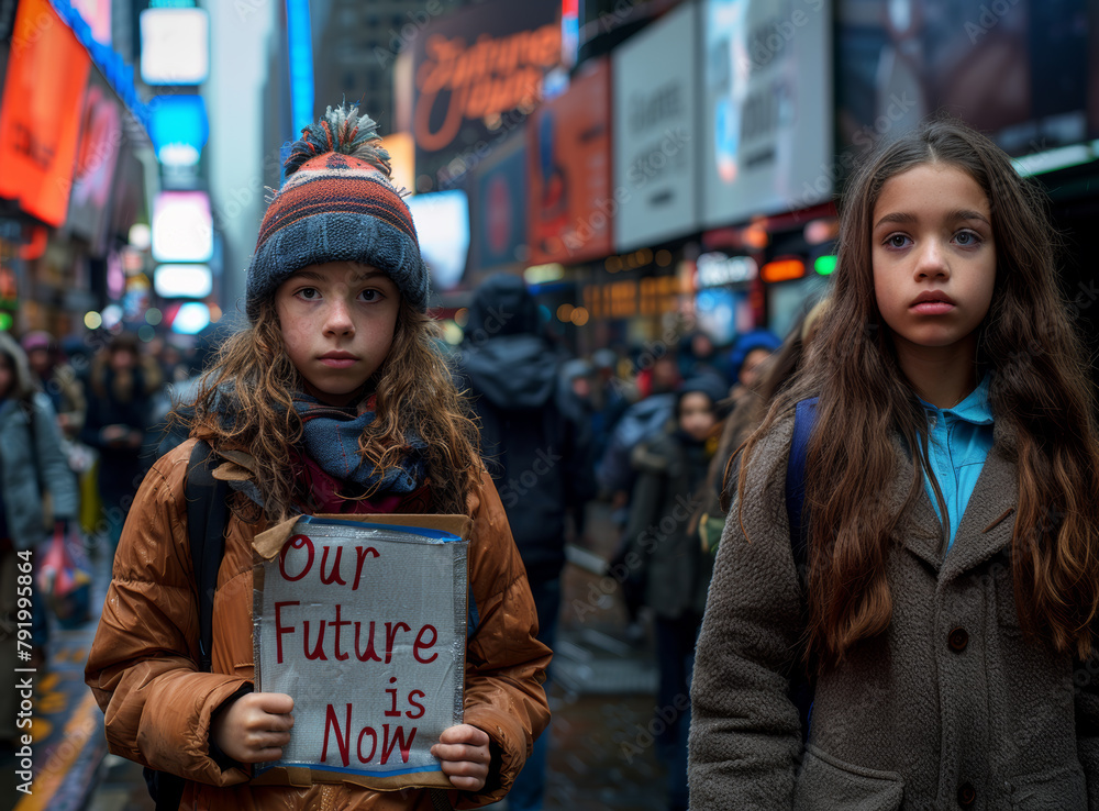 Two young activists in a bustling city street, one holding a sign Two young activists in a bustling city street, one holding a sign