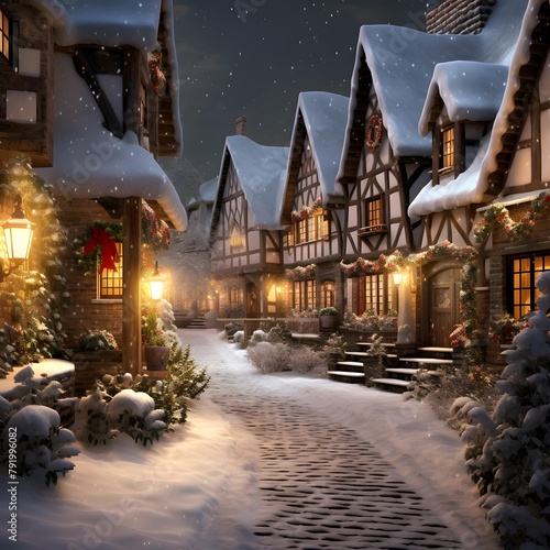 Snowfall in a small village at night. 3D rendering. © Iman