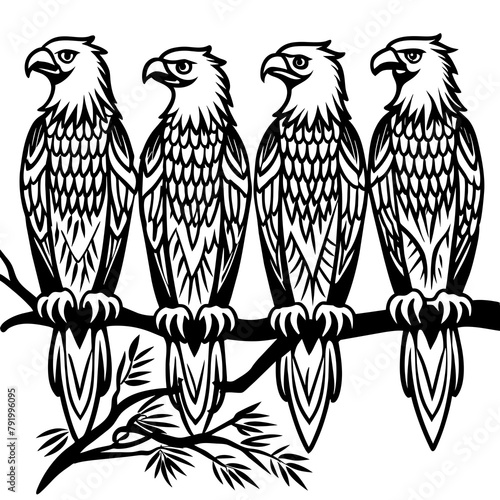 4 eagle sitting in branch vector silhouette an white background 
