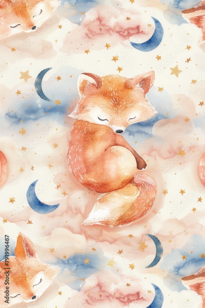 Fototapeta premium Sleeping Fox Watercolor Painting