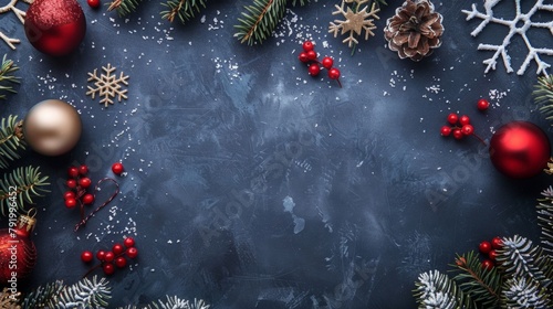 Festive Christmas Background with Red Baubles, Pine Cones, and Snowflakes on Dark Surface. copy space. horizontal concept for New Year or Christmas banner