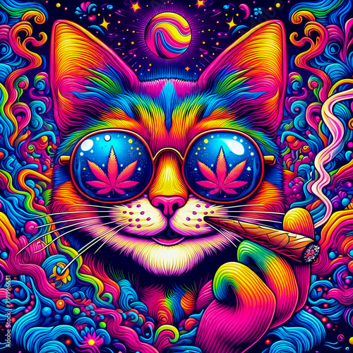 Digital art of a psychedelic cool cat with sunglasses smoking a blunt