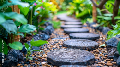  A garden path lined with stepping stones, surrounded by plants and rocks on both sides