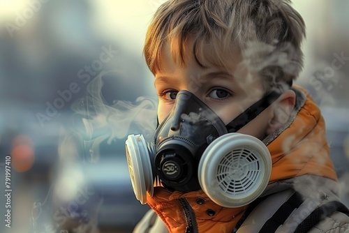 Young Boy Wearing an N95 Mask to Protect Against PM 2.5 Dust, City Air Pollution, and Smog Amidst Bad Weather