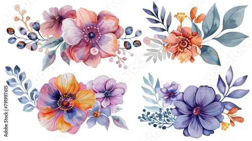 Watercolor Flowers on White Background