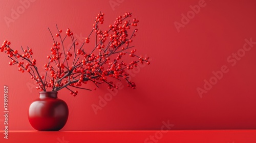 Elegant Red Vase with Berries on Red Background for Modern Interior Decor. horizontal. copy space