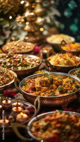 a beautifully arranged spread of traditional Indian Eid dishes, richly seasoned with aromatic spices, against a backdrop of vibrant Eid decorations.