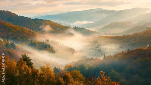 Autumnal Mountain Landscape, Misty Valleys and Forested Hills