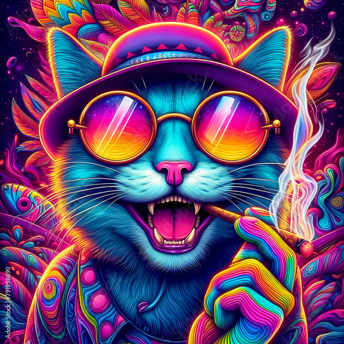 Digital art of a psychedelic cool cat with sunglasses smoking a blunt