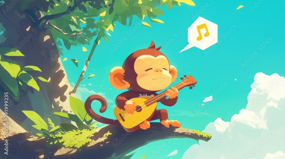 Monkey Using Instrument In the cartoon an adorable monkey is seen playing a musical instrument ...