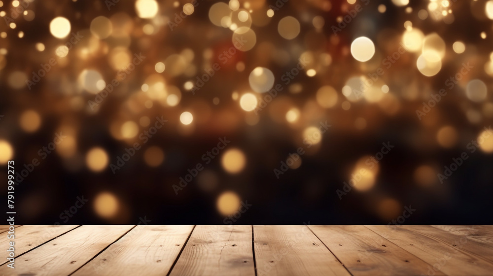 Empty wooden table top with defocused bokeh Christmas Fair lights background. Template for product display сreated with Generative Ai Empty wooden table top with defocused bokeh Christmas Fair lights background. Template for product display сreated with Generative Ai