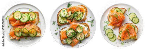 Toasts with salmon and cucumbers on white plates, PNG, transparent background