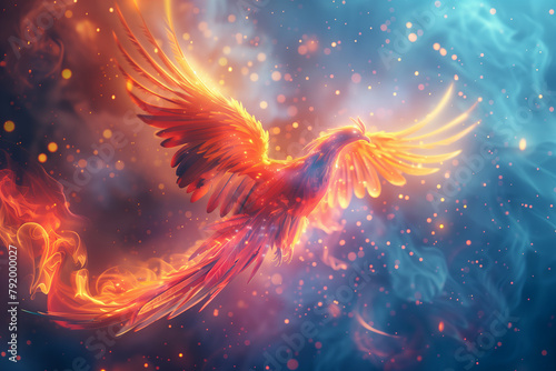 Colorful mythological Phoenix bird soars through the sky  immortal  resurrection concept