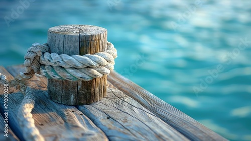 Rustic charm of a mooring rope tightly wound around a weathered dock bollard photo