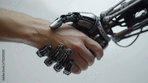 Close-up of human and robotic hands clasping in a handshake, highlighting collaboration between humans and AI.