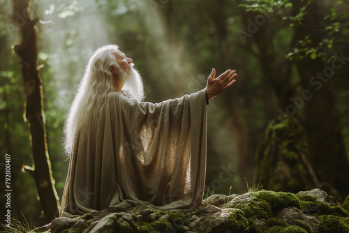old druid or wizard in the forest or woods, nature philosophy, irish folklore, healer, bard
