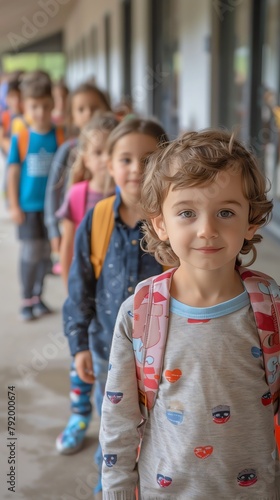Fire drill at a school, children lining up orderly and exiting the building, focus on safety procedures and calm execution under supervision