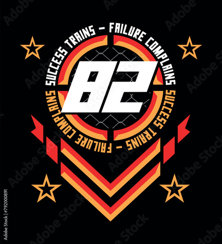 Vector emblem illustration with lettering and geometric elements. Art with text alluding to bodybuilding and gymnastics.
