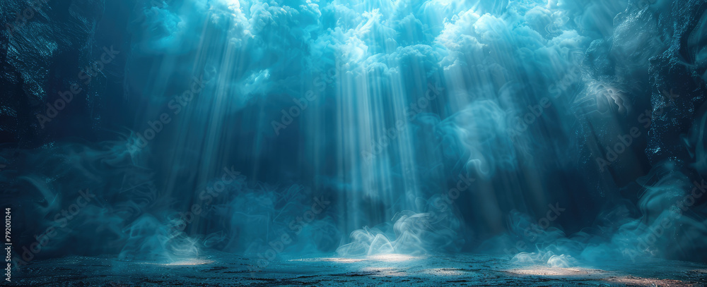  A dramatic ocean scene with stormy clouds and rays of light piercing through, on a dark blue background, in the digital art style. Created with Ai
