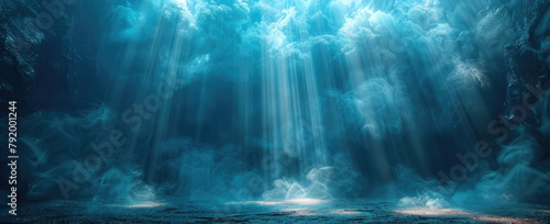  A dramatic ocean scene with stormy clouds and rays of light piercing through, on a dark blue background, in the digital art style. Created with Ai © Image Innovate