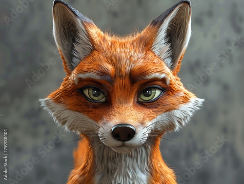 A cunning foxhuman 3D face, with alert eyes and a bushy tail adding a dynamic feel