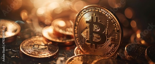 A closeup of the bitcoin logo sitting atop some coins against a dark background. The Bitcoin is in focus with its shiny gold surface and detailed texture photo