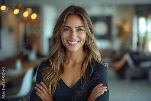 Smiling woman in casual style indoors