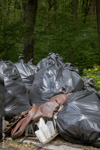 Kyiv, Ukraine. April 21, 2024. On a day off, people gathered in Holosiivsky Park to clean up so that animals live in a clean environment. A lot of garbage was removed from the park.