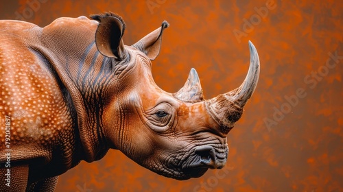   A tight shot of a rhino s face  adorned with skin spots  and displaying its horns