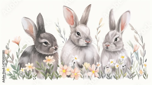 Three rabbits in flower field