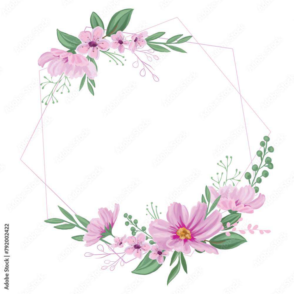 Watercolor pink flowers hexagon frame for wedding invitation