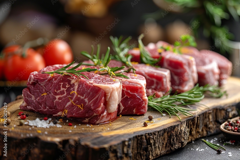 Explore the beauty of raw meat showcased on a rough wooden surface against a clear background, accentuating the natural and organic features of the ingredients